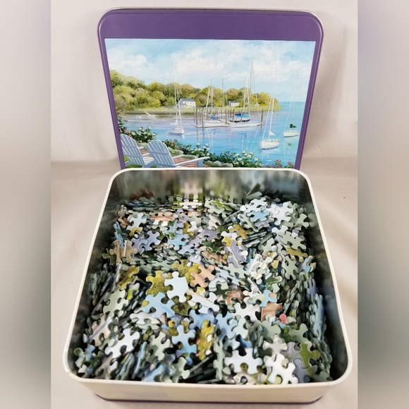 Hallmark Jigsaw Puzzle Lazy Afternoon Tin 1000 Pieces Adirondack Boats Yacht - Picture 2 of 10